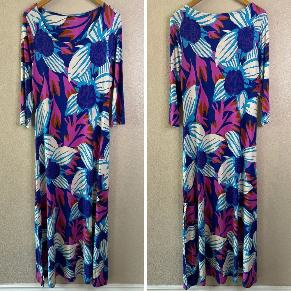 Soft Surroundings Serena Maxi Dress Large Jersey Knit Stretch Floral Pink Blue